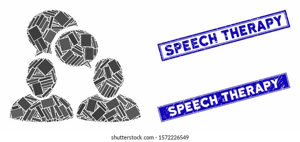 Mosaic people dialog icon and rectangle Speech Therapy seals. Flat vector people dialog mosaic icon of random rotated rectangle items. Blue Speech Therapy seals with scratched surface.