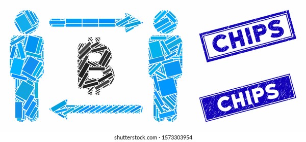 Mosaic people exchange Bitcoin pictogram and rectangle Chips seals. Flat vector people exchange Bitcoin mosaic pictogram of scattered rotated rectangle items.