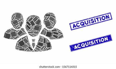 Mosaic people group icon and rectangle seals. Flat vector people group mosaic icon of scattered rotated rectangle items. Blue caption rubber seals with scratched surface.