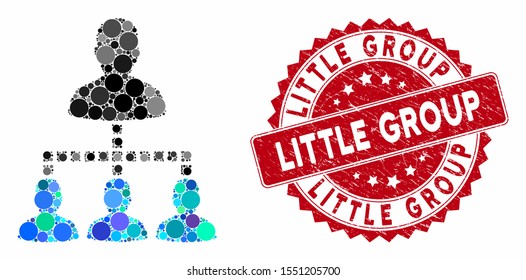 Mosaic people hierarchy and rubber stamp seal with Little Group caption. Mosaic vector is composed with people hierarchy icon and with randomized circle elements. Little Group seal uses red color,