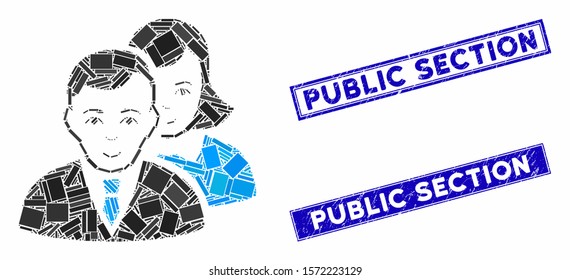Mosaic people icon and rectangle Public Section seals. Flat vector people mosaic pictogram of scattered rotated rectangle elements. Blue Public Section rubber seals with corroded textures.
