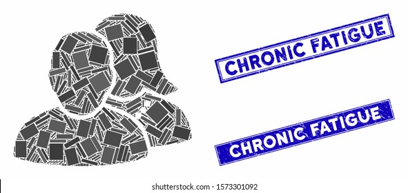 Mosaic people icon and rectangular Chronic Fatigue seals. Flat vector people mosaic icon of randomized rotated rectangular elements. Blue Chronic Fatigue seals with distress surface.