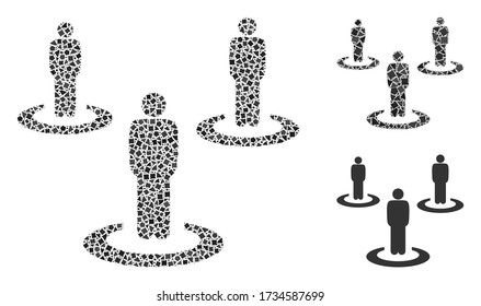 Mosaic People isolation icon organized from rough items in different sizes, positions and proportions. Vector joggly items are organized into abstract illustration people isolation icon.