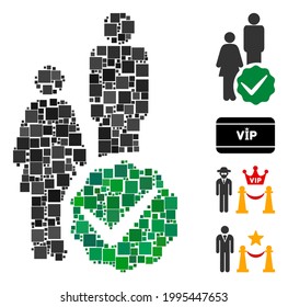 Mosaic For people only icon constructed from square items in random sizes and color hues. Vector square parts are organized into abstract mosaic for people only icon. Bonus pictograms are placed.