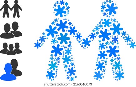 Mosaic people pair pictogram is created for winter, New Year, Christmas. People pair icon mosaic is created from light blue snow icons. Some similar icons are added.