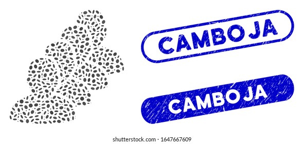 Mosaic people queue and corroded stamp seals with Camboja phrase. Mosaic vector people queue is designed with randomized oval elements. Camboja stamp seals use blue color,