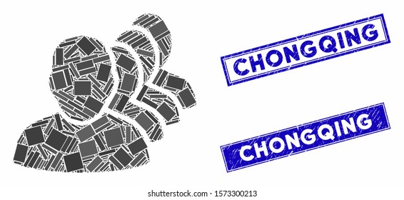 Mosaic people squad pictogram and rectangle Chongqing seal stamps. Flat vector people squad mosaic pictogram of randomized rotated rectangular elements.