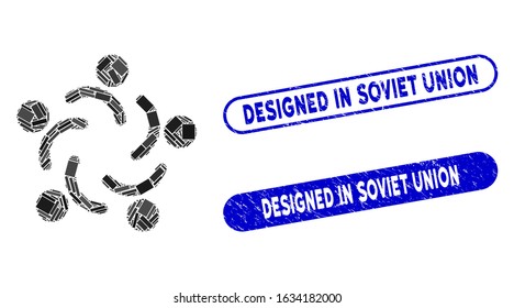 Mosaic people unity and rubber stamp seals with Designed in Soviet Union caption. Mosaic vector people unity is designed with randomized rectangle items. Designed in Soviet Union seals use blue color,
