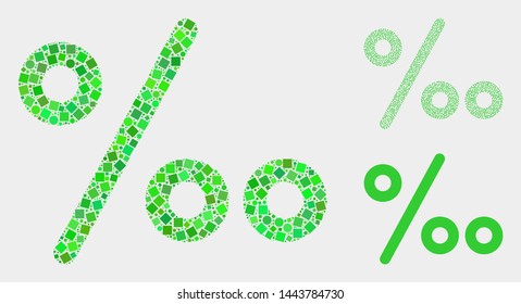 Mosaic Per mille symbol icon designed from round and square elements in different sizes, positions and proportions. Vector round and square parts are united into abstract shape per mille symbol icons.