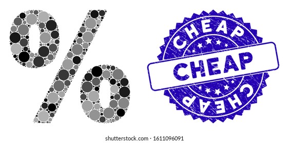 Mosaic percent icon and corroded stamp seal with Cheap text. Mosaic vector is formed with percent icon and with scattered spheric elements. Cheap stamp seal uses blue color, and grunge texture.