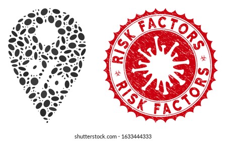 Mosaic percent map marker icon and red rounded grunge stamp seal with Risk Factors text and coronavirus symbol. Mosaic vector is created from percent map marker icon and with scattered ellipse items.