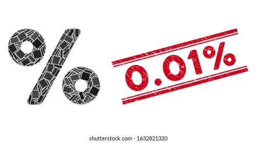 Mosaic percent pictogram and red 0.01% seal stamp between double parallel lines. Flat vector percent mosaic pictogram of random rotated rectangular elements. Red 0.01% seal stamp with dirty textures.