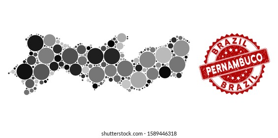 Mosaic Pernambuco State map and circle seal. Flat vector Pernambuco State map mosaic of scattered circle items. Red seal stamp with distress surface. Designed for political and patriotic agitprop.