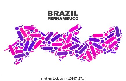 Mosaic Pernambuco State map isolated on a white background. Vector geographic abstraction in pink and violet colors. Mosaic of Pernambuco State map combined of random round points and lines.