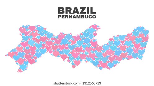 Mosaic Pernambuco State map of love hearts in pink and blue colors isolated on a white background. Lovely heart collage in shape of Pernambuco State map. Abstract design for Valentine illustrations.