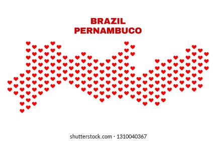 Mosaic Pernambuco State map of valentine hearts in red color isolated on a white background. Regular red heart pattern in shape of Pernambuco State map. Abstract design for Valentine illustrations.