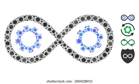 Mosaic perpetuum mobile composed of covid-2019 virus icons in variable sizes and color hues. Vector viral icons are grouped into abstract composition perpetuum mobile icon. Some bonus icons are added.