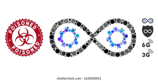 Mosaic perpetuum mobile icon and corroded stamp watermark with Poisoned caption and biohazard symbol. Mosaic vector is designed with perpetuum mobile pictogram and with scattered round items.