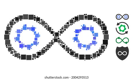 Mosaic Perpetuum mobile icon united from square items in random sizes and color hues. Vector square items are grouped into abstract mosaic perpetuum mobile icon. Bonus pictograms are placed.