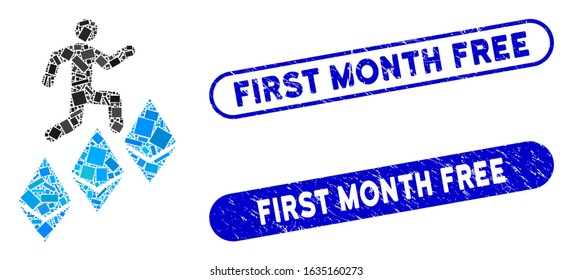 Mosaic person climb Ethereum and distressed stamp watermarks with First Month Free caption. Mosaic vector person climb Ethereum is composed with random rectangle items.