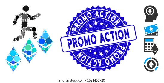 Mosaic person climb Ethereum icon and rubber stamp watermark with Promo Action caption. Mosaic vector is created with person climb Ethereum icon and with random spheric elements.