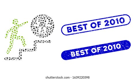 Mosaic person climbing to cow and grunge stamp seals with Best of 2010 caption. Mosaic vector person climbing to cow is created with scattered ellipse dots. Best of 2010 stamp seals use blue color,