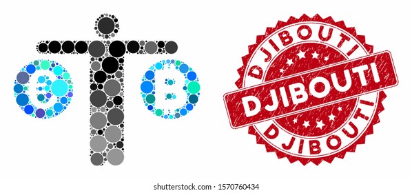 Mosaic person compare Bitcoin and Euro and rubber stamp seal with Djibouti phrase. Mosaic vector is designed from person compare Bitcoin and Euro icon and with random round elements.