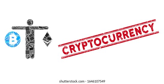 Mosaic person compare cryptocurrency icon and red Cryptocurrency seal stamp between double parallel lines.