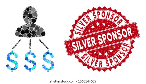 Mosaic person expenses and corroded stamp seal with Silver Sponsor caption. Mosaic vector is composed with person expenses icon and with random spheric spots. Silver Sponsor stamp seal uses red color,