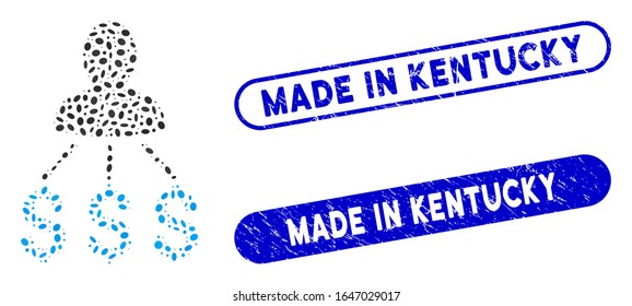 Mosaic person expenses and distressed stamp watermarks with Made in Kentucky phrase. Mosaic vector person expenses is created with scattered elliptic items.