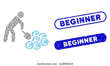 Mosaic person mining Euro and rubber stamp seals with Beginner text. Mosaic vector person mining Euro is created with random elliptic parts. Beginner stamp seals use blue color,