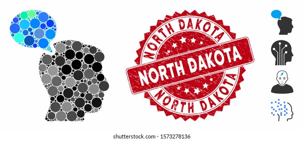 Mosaic person opinion icon and rubber stamp seal with North Dakota phrase. Mosaic vector is formed with person opinion pictogram and with scattered spheric elements.