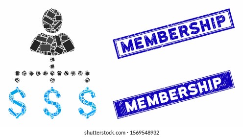 Mosaic person payments pictogram and rectangular seal stamps. Flat vector person payments mosaic pictogram of random rotated rectangular elements. Blue caption stamps with distress textures.