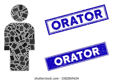 Mosaic person pictogram and rectangular Orator seals. Flat vector person mosaic pictogram of scattered rotated rectangular elements. Blue Orator rubber seals with rubber surface.