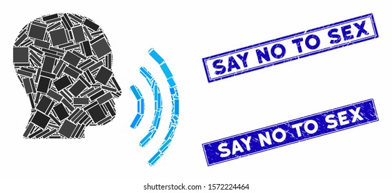 Mosaic person speech waves icon and rectangle Say No to Sex rubber prints. Flat vector person speech waves mosaic icon of random rotated rectangle elements.