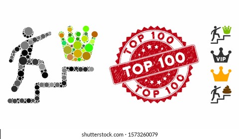 Mosaic person steps to crown icon and corroded stamp seal with Top 100 phrase. Mosaic vector is formed with person steps to crown icon and with random circle elements. Top 100 seal uses red color,