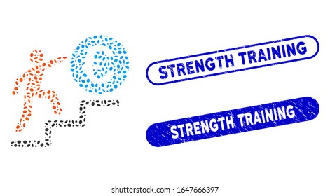 Mosaic Person steps to Euro and corroded stamp seals with Strength Training caption. Mosaic vector Person steps to Euro is formed with random ellipse elements. Strength Training seals use blue color,