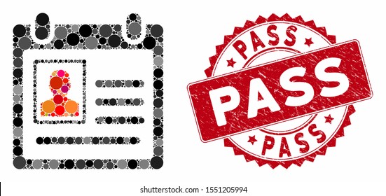 Mosaic personal badge and rubber stamp seal with Pass text. Mosaic vector is created with personal badge icon and with random spheric elements. Pass stamp uses red color, and rubber design.