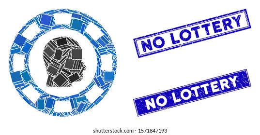 Mosaic personal casino chip icon and rectangle No Lottery seal stamps. Flat vector personal casino chip mosaic icon of random rotated rectangle elements.