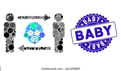 Mosaic persons baby exchange icon and corroded stamp seal with Baby text. Mosaic vector is designed with persons baby exchange icon and with randomized circle items. Baby stamp seal uses blue color,