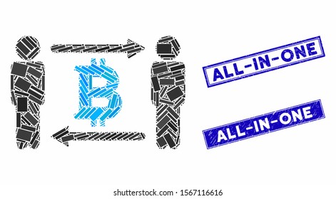 Mosaic persons exchange Bitcoin icon and rectangular seal stamps. Flat vector persons exchange Bitcoin mosaic icon of randomized rotated rectangle elements.