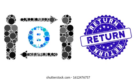 Mosaic persons exchange Bitcoin icon and grunge stamp watermark with Return text. Mosaic vector is formed with persons exchange Bitcoin icon and with randomized circle spots.