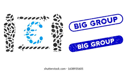 Mosaic persons exchange Euro and corroded stamp seals with Big Group text. Mosaic vector persons exchange Euro is formed with randomized ellipse elements. Big Group stamp seals use blue color,