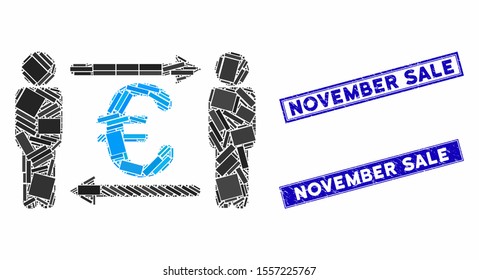 Mosaic persons exchange Euro pictogram and rectangle rubber prints. Flat vector persons exchange Euro mosaic pictogram of randomized rotated rectangle items.