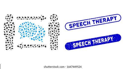 Mosaic persons exchange messages and distressed stamp seals with Speech Therapy phrase. Mosaic vector persons exchange messages is composed with scattered elliptic items.