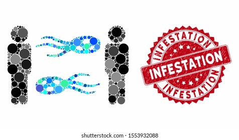 Mosaic persons exchange microbes and distressed stamp watermark with Infestation caption. Mosaic vector is formed with persons exchange microbes icon and with scattered round elements.