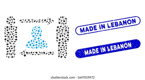Mosaic persons friend exchange and corroded stamp watermarks with Made in Lebanon phrase. Mosaic vector persons friend exchange is designed with randomized oval pieces.