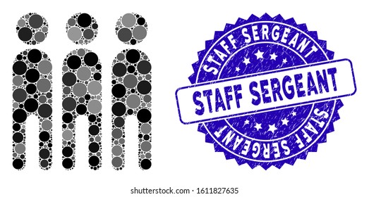 Mosaic persons icon and grunge stamp seal with Staff Sergeant phrase. Mosaic vector is composed with persons pictogram and with scattered round elements. Staff Sergeant stamp seal uses blue color,