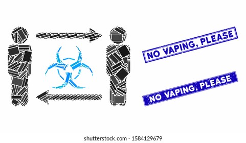 Mosaic persons infection exchange pictogram and rectangle No Vaping, Please seals. Flat vector persons infection exchange mosaic pictogram of random rotated rectangle elements. Blue No Vaping,