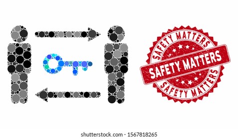 Mosaic persons key exchange and rubber stamp seal with Safety Matters text. Mosaic vector is created from persons key exchange icon and with random spheric spots.